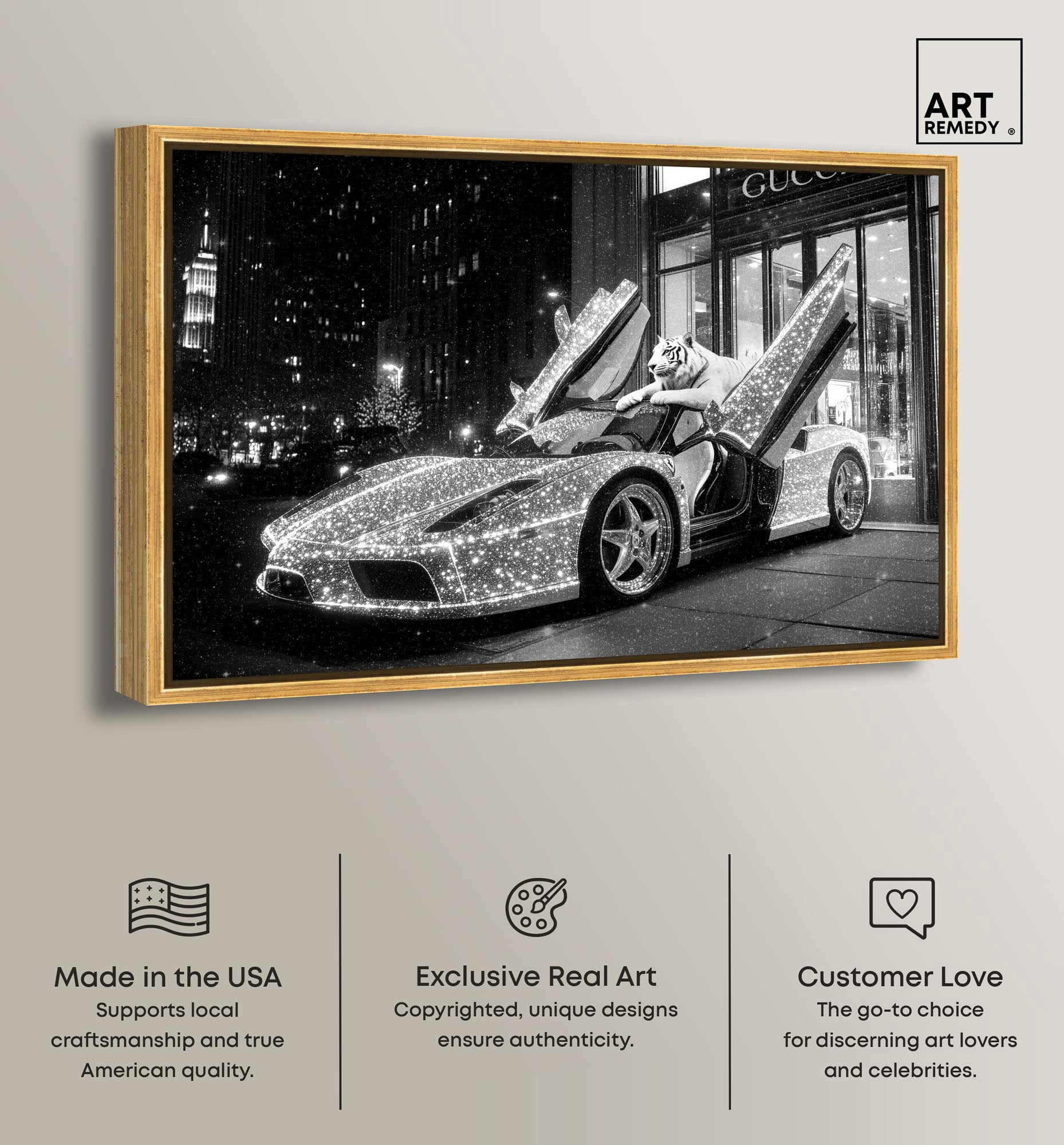 Glistening Tiger and Car Canvas Luxury Cars Prints by Art Remedy, Gold Frame, 24 x 16