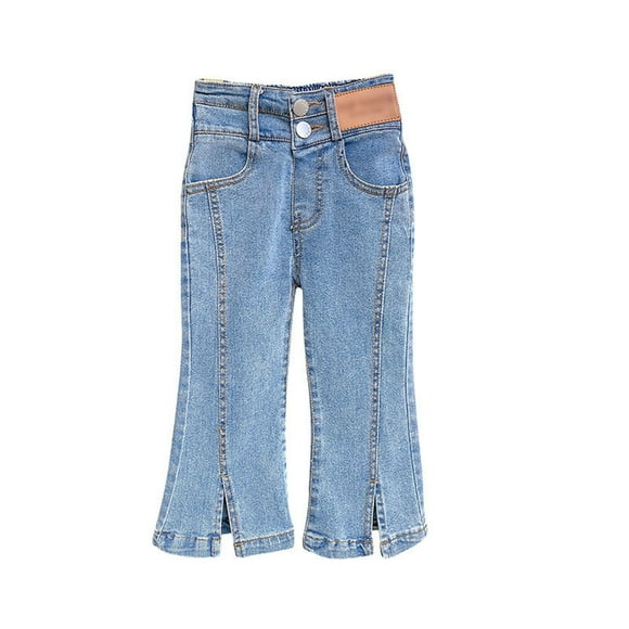 GDREDA Girls Jeans, Split Hem with RAL Edges Elastic Waistband Inside High Stretch Denim Wide-Leg Pants (Blue,18-24 Months)