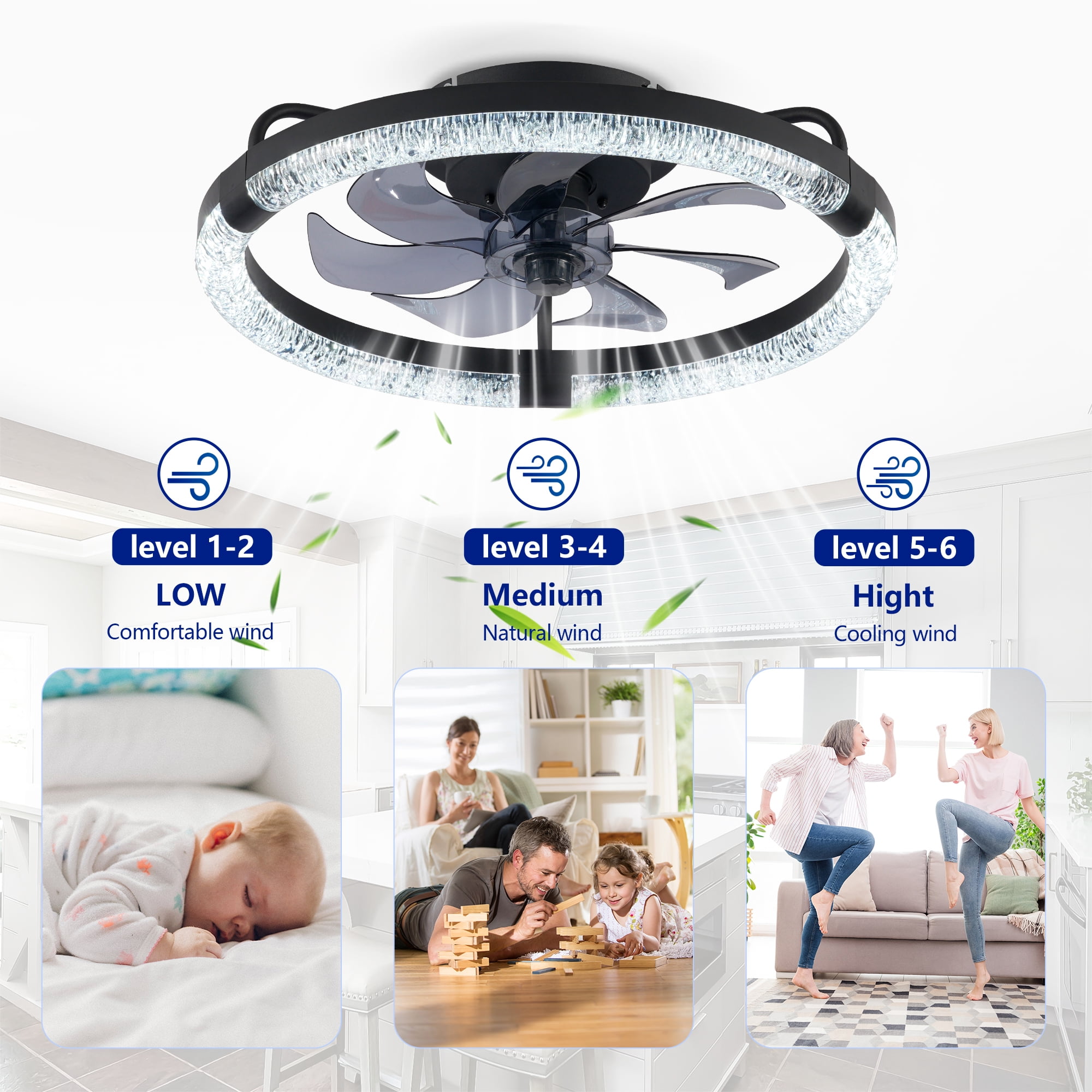 Leumius 20" Ceiling Fans with Light and Remote, 3000-6500K Dimmable Modern Flush Mount LED Fan Light, 6 Speeds, Quiet DC Motor for Living Room Bedroom Kitchen Matte Black