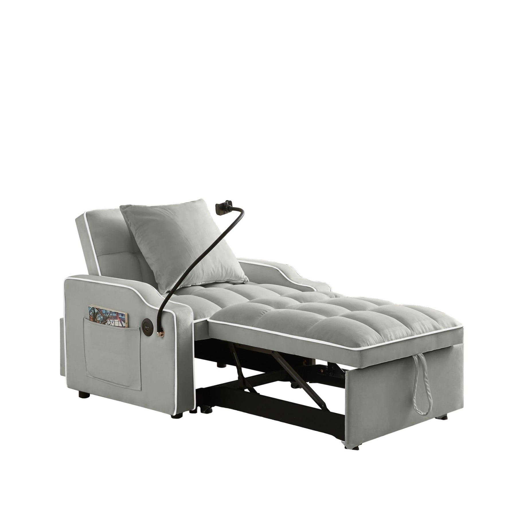 3-in-1 Sleeper Sofa Chair Bed with USB & Type-C, Adjustable Velvet Recliner Couch for Small Spaces, Gray
