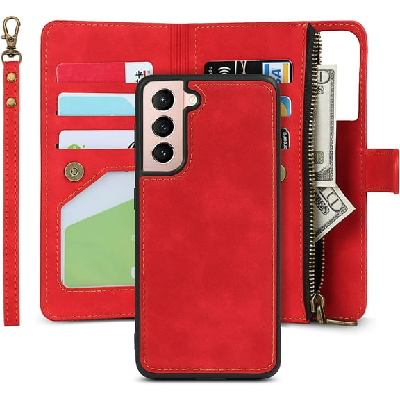 Compatible with Samsung Galaxy S21 5G Wallet Case,[6 Card Slots] [Wrist Strap] [Stand Feature] Detachable 2 in 1 Magnetic Zipper Leather Cover Case for Samsung Galaxy S21 5G,6.2 inch Red