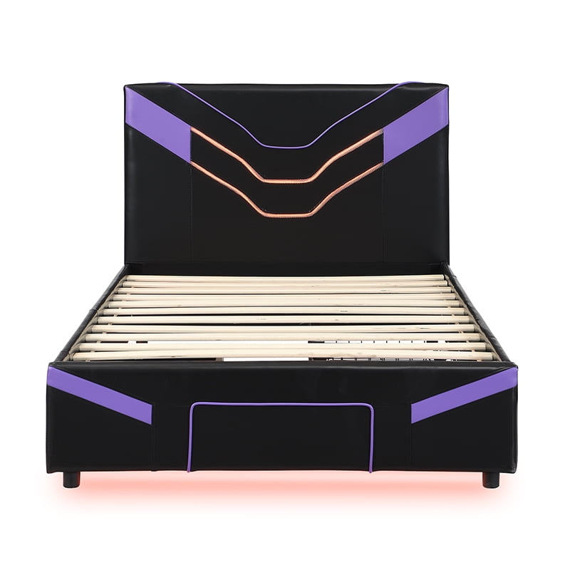 Twin Size Upholstered Gaming Bed Frame with LED Lights, PU Leather Platform Bed with Storage Shelf, 2 Steel Drawers, Purple