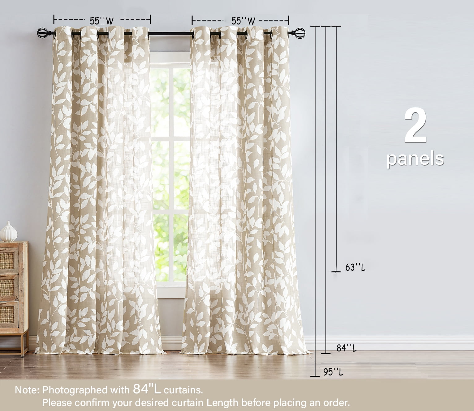 Exultantex Taupe Semi Sheer Curtains White Leaf Pattern Panels, 55"W x 63"L, 2 Panels,Grommet Top