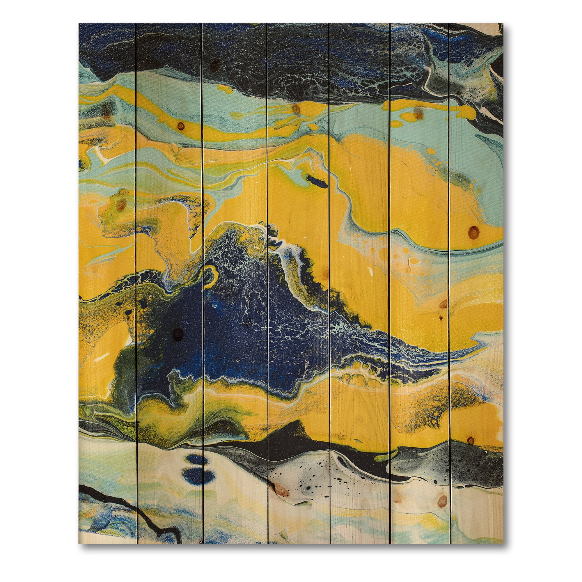 Designart 'Abstract Marble Composition In Blue and Yellow I' Modern Print on Natural Pine Wood