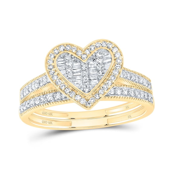 10kt Yellow Gold 1/3 Cttw Natural Diamond Fashion Heart Wedding Engagement Anniversary Bridal Set, Women Size: 5-9