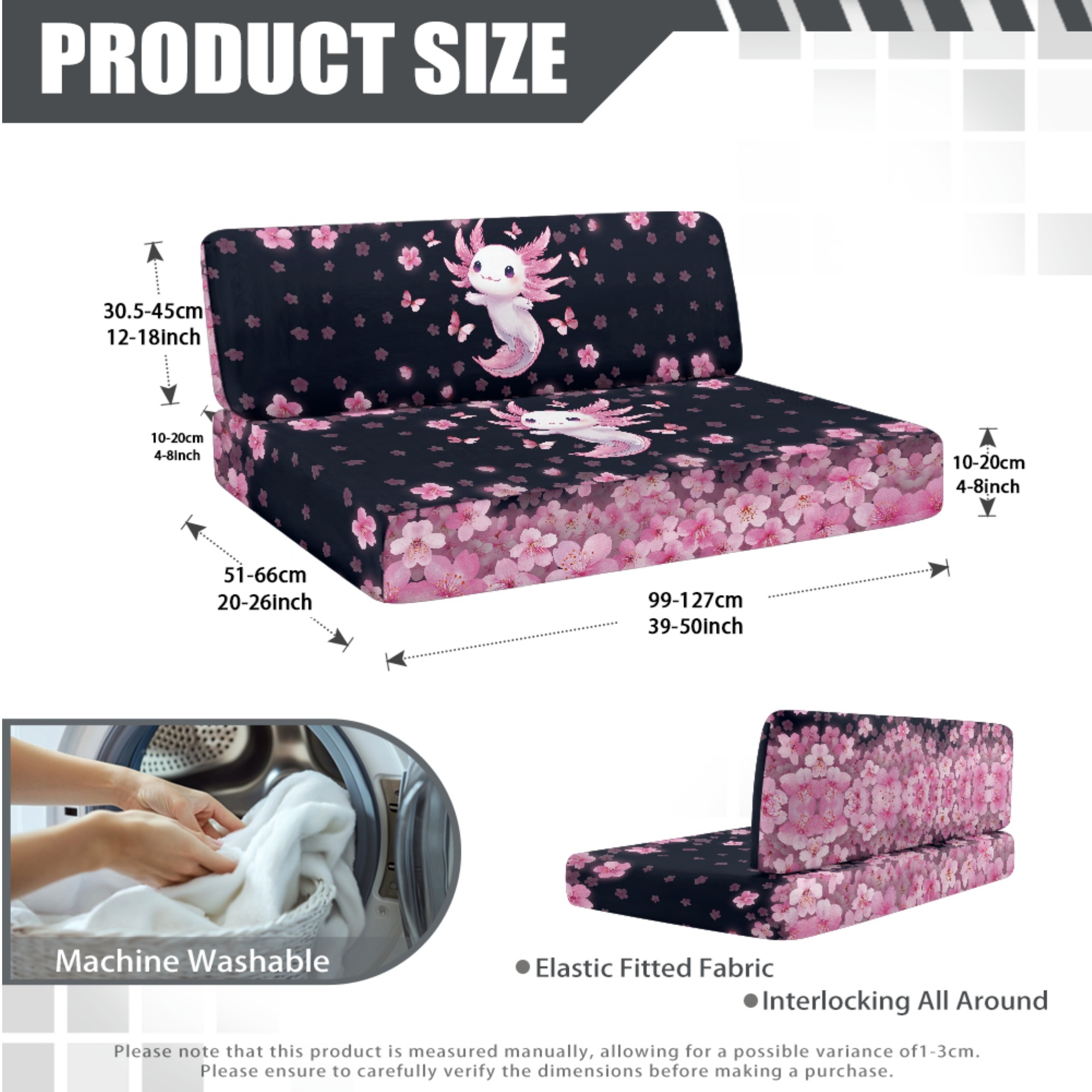 FOR U DESIGNS Axolotl Cherry Blossom Print 3 Pcs RV Dinette Cushion Covers Elastic Camper Seat Covers with Pillowcase, Stretch Loveseat Sofa Chair Cover Furniture Protector for RV Camper Bench