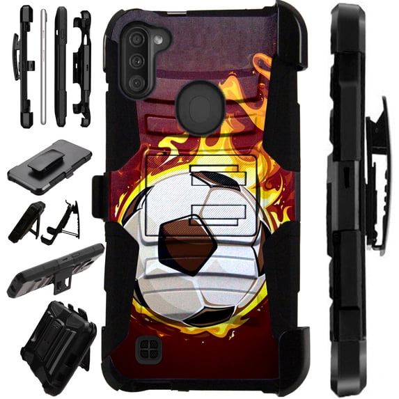 WORLD ACC LuxGuard Holster Case Compatible with Samsung Galaxy A11 Hybrid Phone Cover (Flaming Soccer Ball)