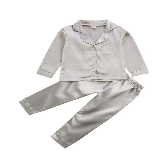 Ensemble de Pyjamas en Satin de Soie pour Enfants 2 Pcs Unisexes Haut à Manches Longues Col Rabattu Pantalon Taille Élastique