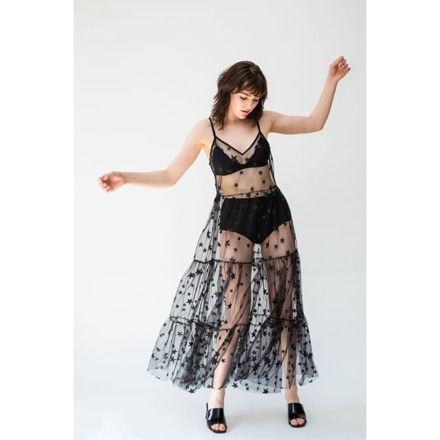 Fortune Robe Longue en Tulle à Bretelles Spaghetti pour Femmes, Robe en Maille Transparente Plissée