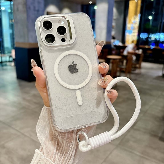 For iPhone 14 Pro Phone Case,With Contractile Lens Ring Kickstand,Compatible with Mag-Safe,Bling Glitter Transparent Back Design,With Wrist Strap,Ultra Slim Shockproof Phone Case,White