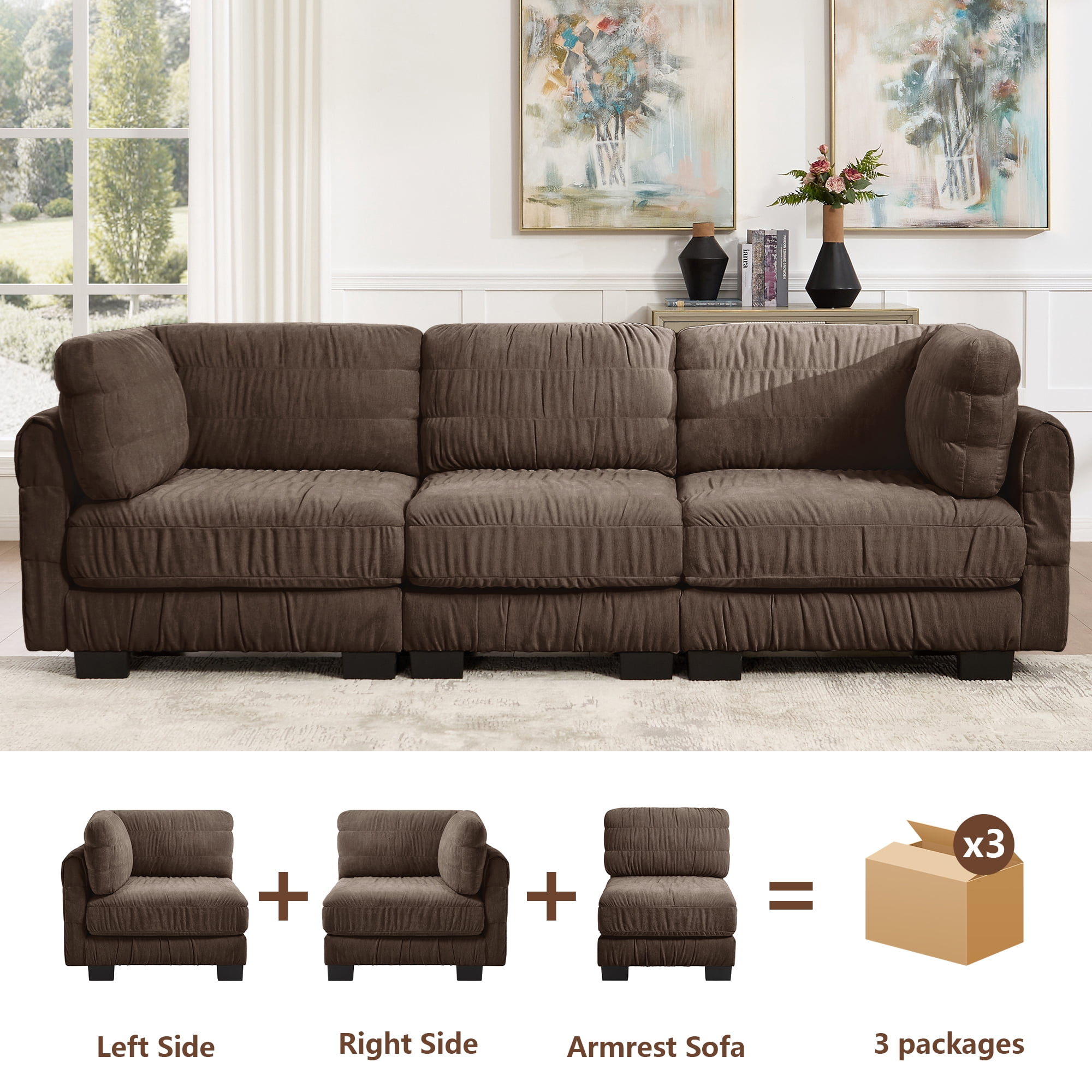 109" 3 Seat Ruched Chenille Modular Sectional Sofa with L Shape Thickened Back Cushions,Easy Assembly