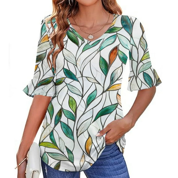 Shirts for Women 3/4 Sleeve V-neck Ruffle Sleeve Casual Printed Top Green XL