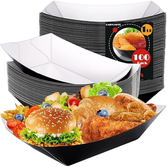 Paper Food Trays, 100 Pcs Disposable Serving Boats, Nacho Trays for Condiments, Snack & Taco Party (Black & White, 1 LB)