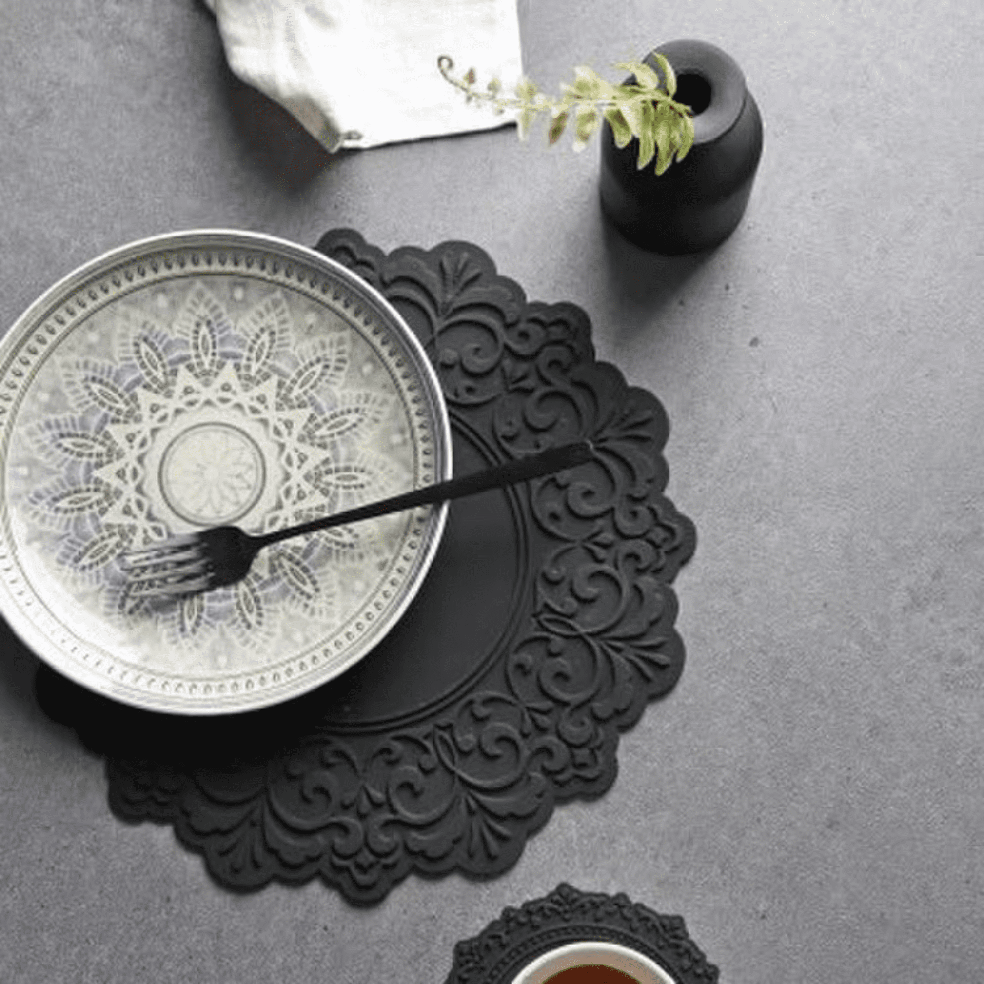 2 Set, Premium 14" Silicone Placemat – Heat-Resistant, Non-Slip & Waterproof – Easy to Clean, Dishwasher Safe Table Mat for Dining & Kitchen (Black)