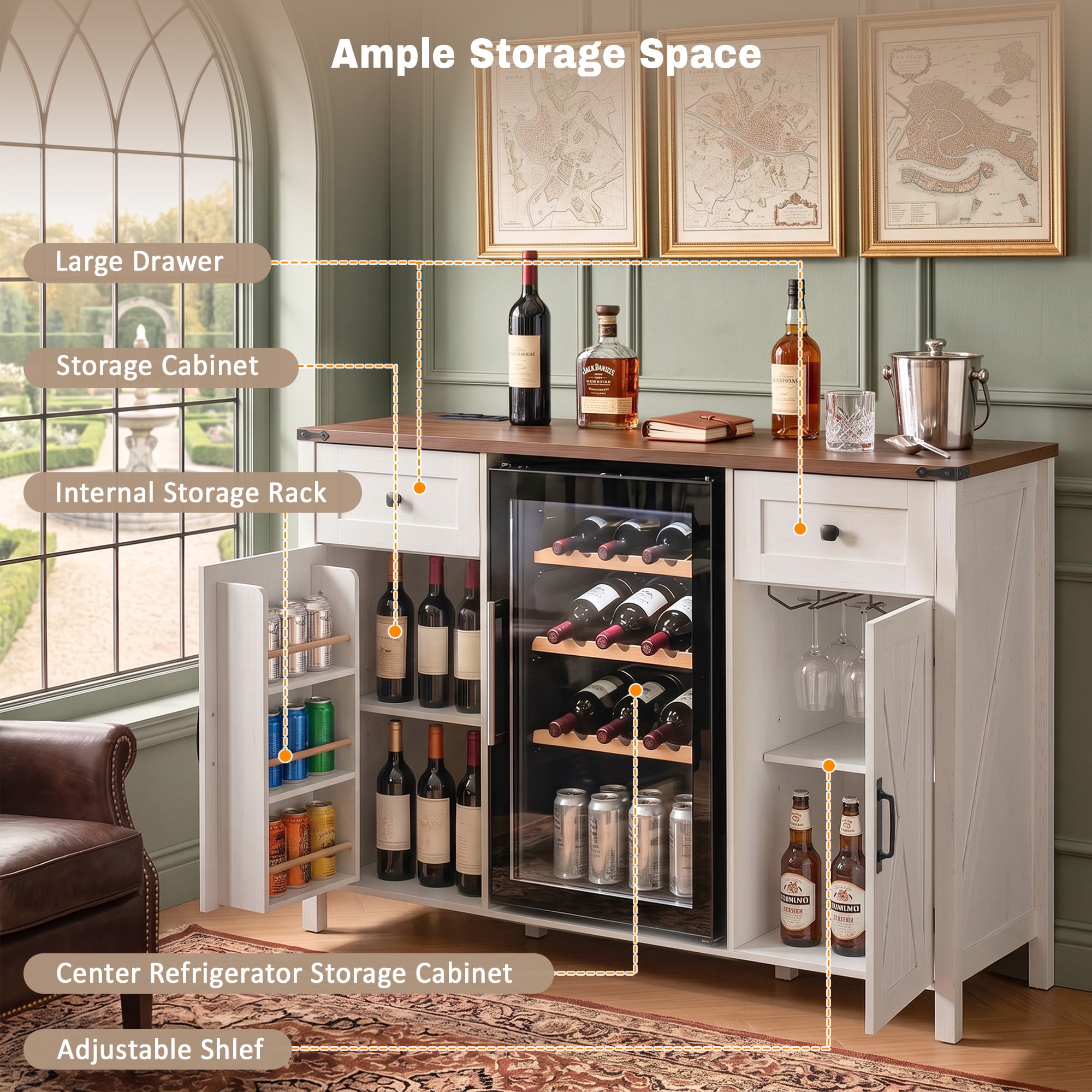 Euroco 53.2" Large Coffee Bar Cabinet with Fridge Space,Farmhouse Wine Cabinets with Storage,Power Outlet,& 2 Drawers,Fluted Buffet Sideboard for Kitchen Living Room,White