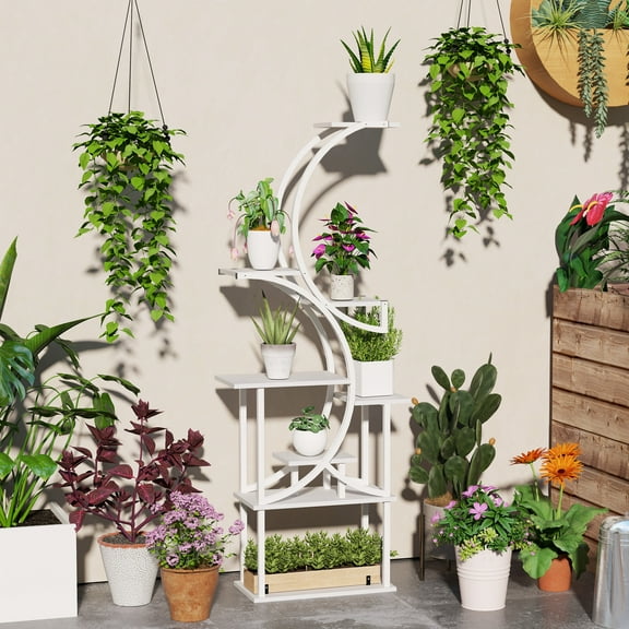 Outsunny 8 Tier Plant Stand Indoor, 62" Tall Plant Shelf, S-Shaped Plant Rack, White