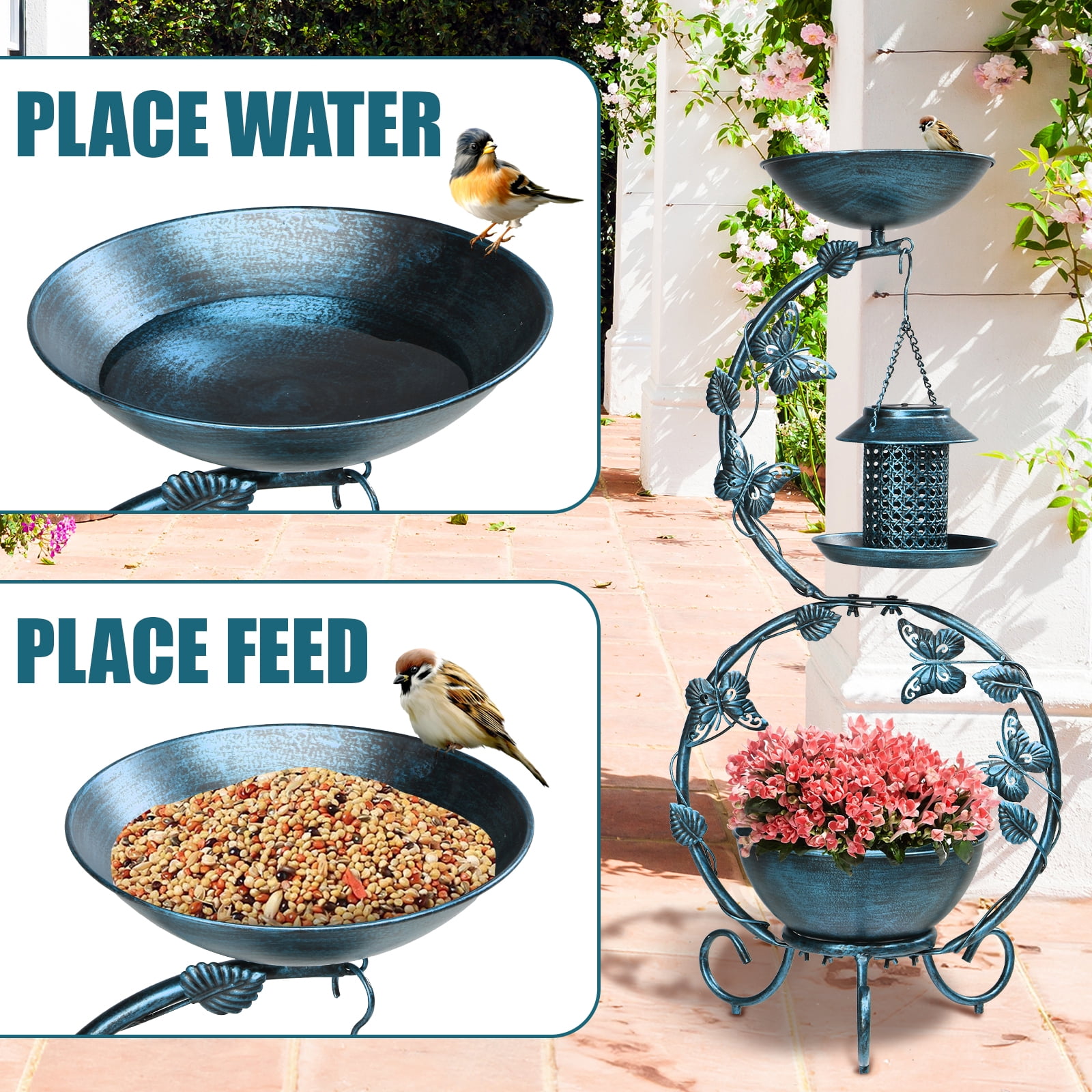 Xilee Metal Birdbath with Flower Planter Pedestal and Solar Bird Feeders Combo for Outdoor,37.8 inch  Metal Bird Baths for Outdoors, Decorative  with Butterfly for Outside Garden Yard, Weather Resist