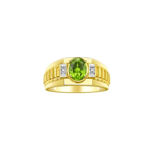 RYLOS Men's Rings Yellow Gold Plated Silver Rings Classic Designer Style 8X6MM Oval Gemstone & Diamond Ring Peridot Birthstone Rings For Men Size 9