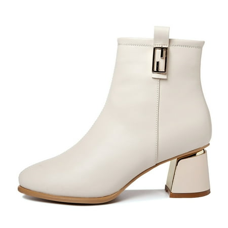 

Women‘s Chunky Heeled Combat Boots Solid Color Pointed Toe Side Zipper Block Heeled Ankle Boots Women‘s Fashion Short Boots