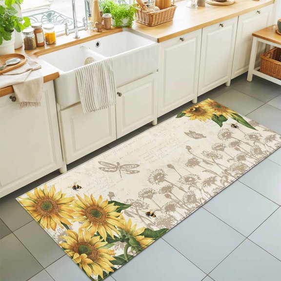 Watercolor Sunflower Bee Dragonfly Rectangle Rug 2'x6' Country Floral Retro Letter Washable Area Rugs for Living Room Bedroom Entryway Non Slip Entrance Door Mat Indoor Floor Carpet
