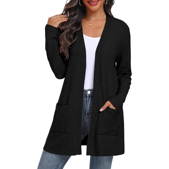 JWD Women's Cardigan Open Front Lightweight Cardigan Long Sleeve Cardigans with Pockets Black L