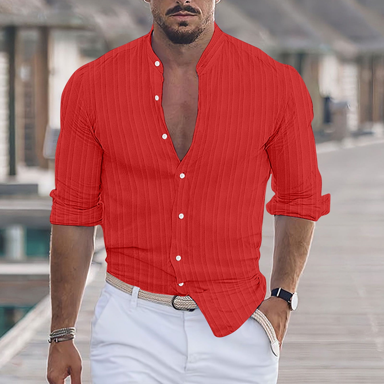 Fankiway Long Sleeve Shirts For Men Men Casual Fashion Turn Down Collar Button Long Sleeve Shirt Blouse Dress Shirts For Men Big And Tall Red