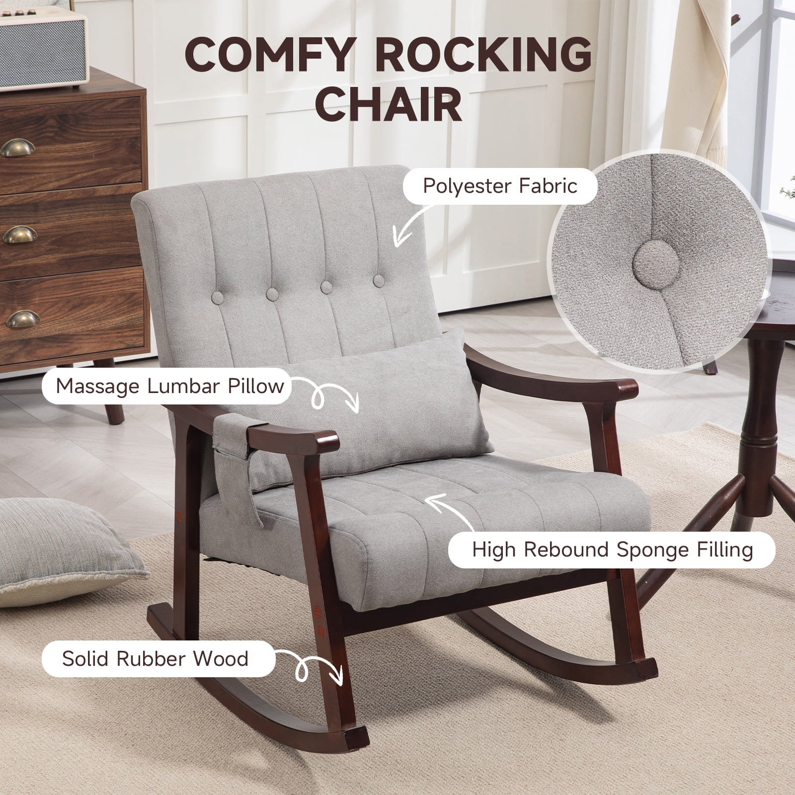 Homhum Massage Rocking Chair, Upholstered Comfy Glider Chair for Living Room, Nursery, Light Gray