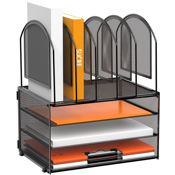 DALTACK 3-Tier Mesh Desk File Organizer, Stackable Letter Tray with 5 Vertical File Holders, Multifunction Desktop Organizer for Home Office Supplies