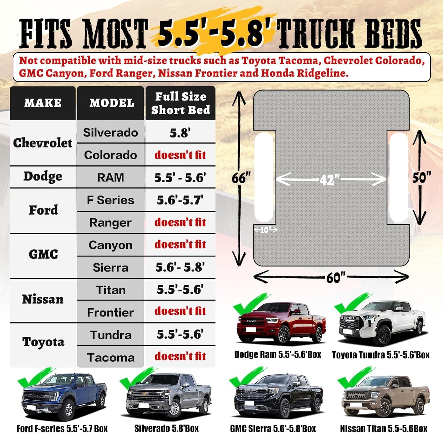 Truck Bed Air Mattress for 5.5'-5.8' Full Size Short Truck Bed Inflatable Camping Mattress with Pump & Carry Bag, Khaki Gray