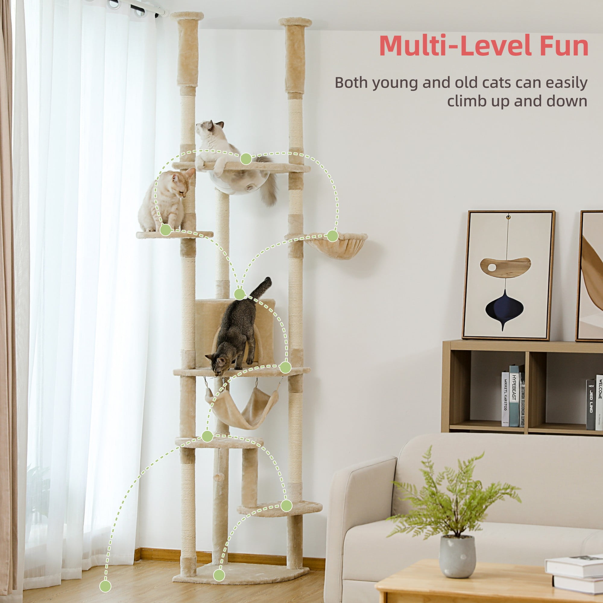 Kadyn Floor to Ceiling Cat Tree for Indoor 92"-101" Height Adjustable Cat Tower, Kitty Climbing Play House with Cozy Cat Condo, Perches and Hammock, Beige
