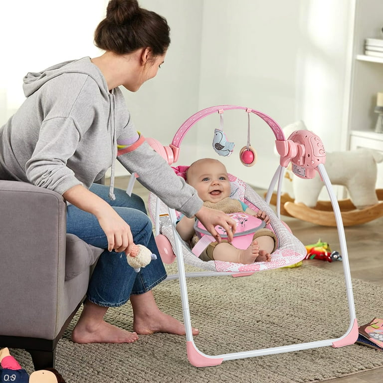 Baby Swing for Infants Portable Baby Swing Electric Baby Swings for Newborn 6 Speed Infant Swing with Music Timing Soft Head Support Pink Baby Girl