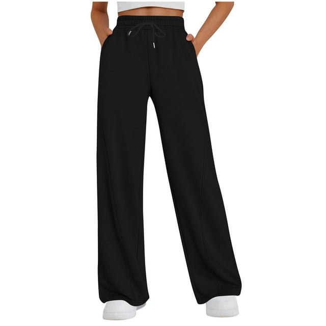 VINUSLI Womens Pants Fall Oversized Wide Leg Sweatpants High Waisted Drawstring Baggy Athletic Joggers Trousers Black,L