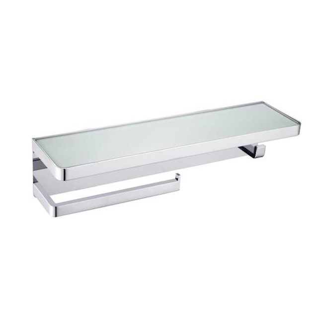 Lexora LSTR18152PCWG Bagno Bianca Stainless Steel White Glass Shelf with Towel Bar & Robe Hook, Chrome