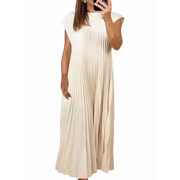 Women'S Pleated Church Maxi Dresses Summer Casual Short Sleeve Crew Neck Flowy Loose Long Sundresses Beige XL