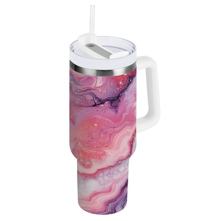 

30oz Travel Mug with Straw Car Bottle Insulated Mug with Handle Reusable Stainless Steel Water Bottle for Car Travel Home Pink Marble Pattern