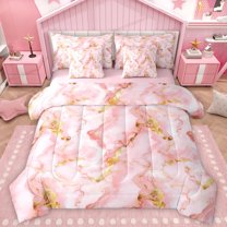 Homewish Fashion Art Abstract Bedding Comforter Set 7 Pieces for Adult, Dreamy Pink Mabrle Full Bedding Set, Watercolor Reversible Fitted Sheet Flat Sheet, Microfiber Bedroom Decor