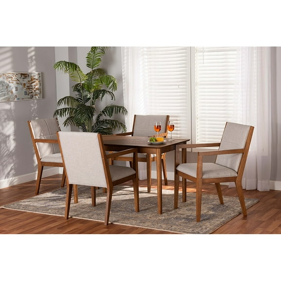 Baxton Studio Theresa Mid-Century Modern Greyish Beige Fabric Upholstered and Walnut Brown Finished Wood 5-Piece Dining