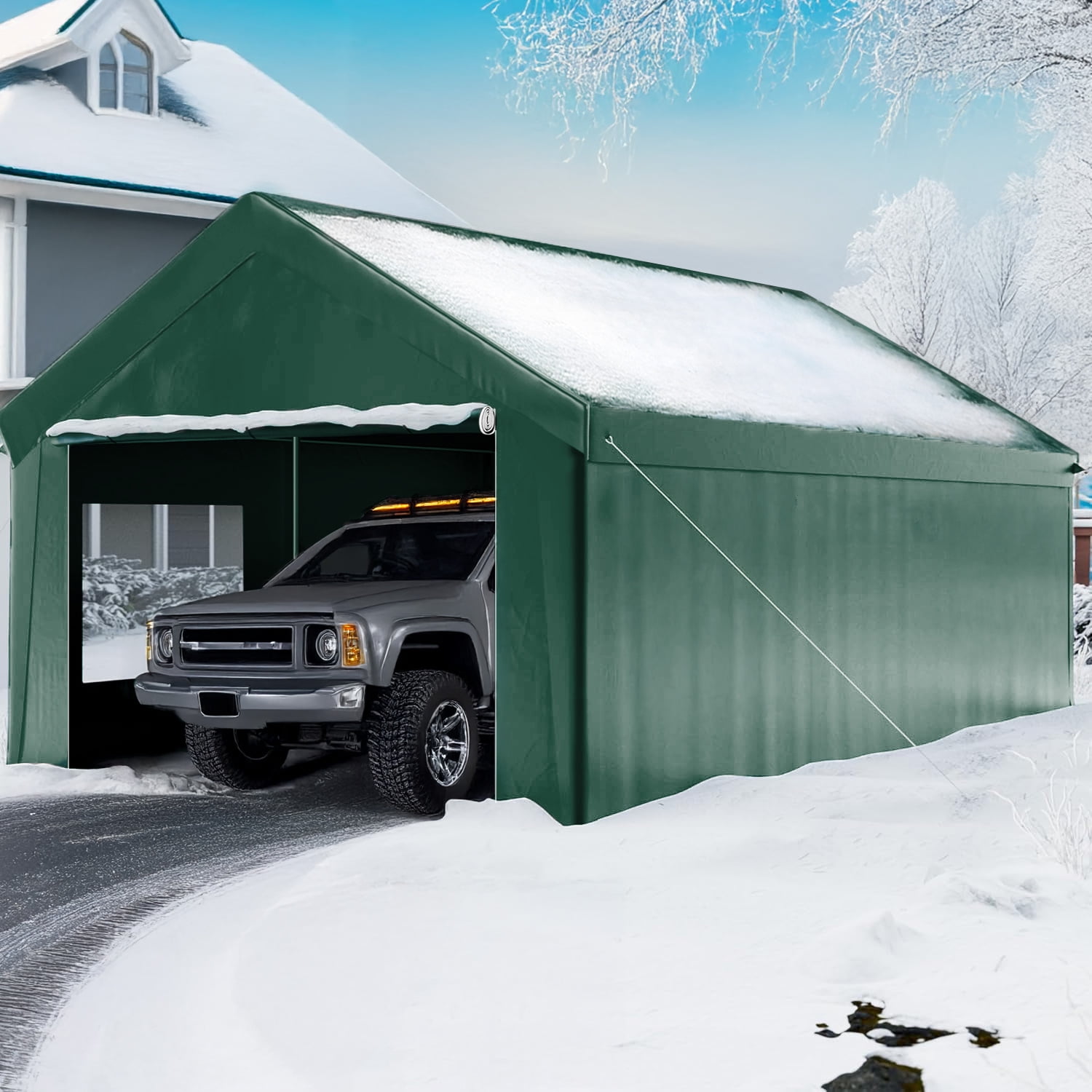 ECOLINEAR Carport 10x20 ft Heavy Duty Carport, Outdoor Potable Garage with Removable Sidewalls & Zipper Doors, Carport Canopy Anti UV All-Season Waterproof Tarp,Car Canopy for Cars,Boats,Green