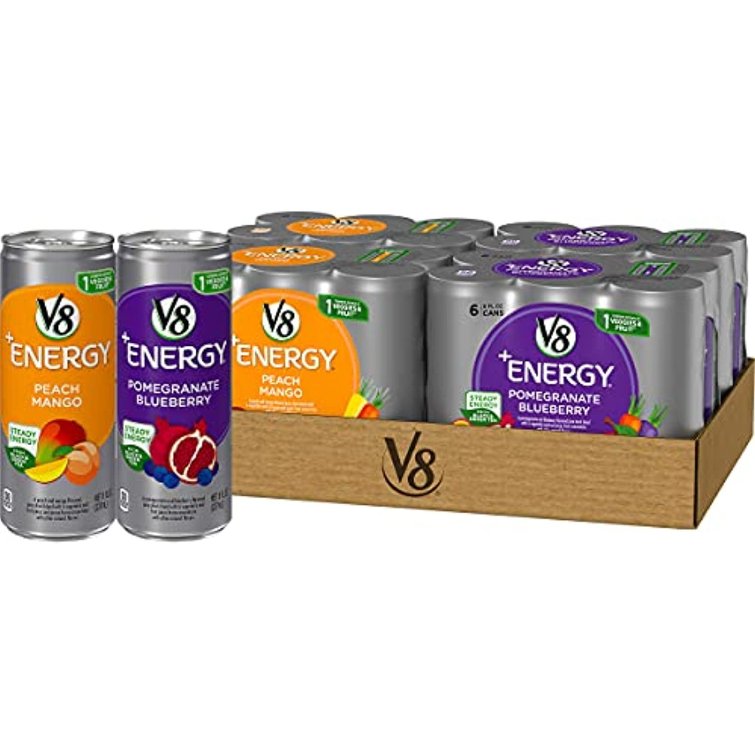 V8 +Energy Variety Pack, Healthy Energy Drink, Pomegranate Blueberry And Peach Mango, 8 Ounce
