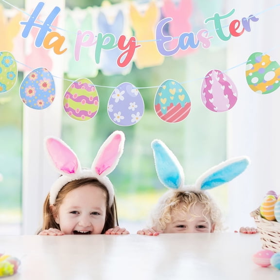 PAMINGONO Easter Banner Set with Assorted Color Hanging Bunting Flags for Indoor Outdoor Party Decorations