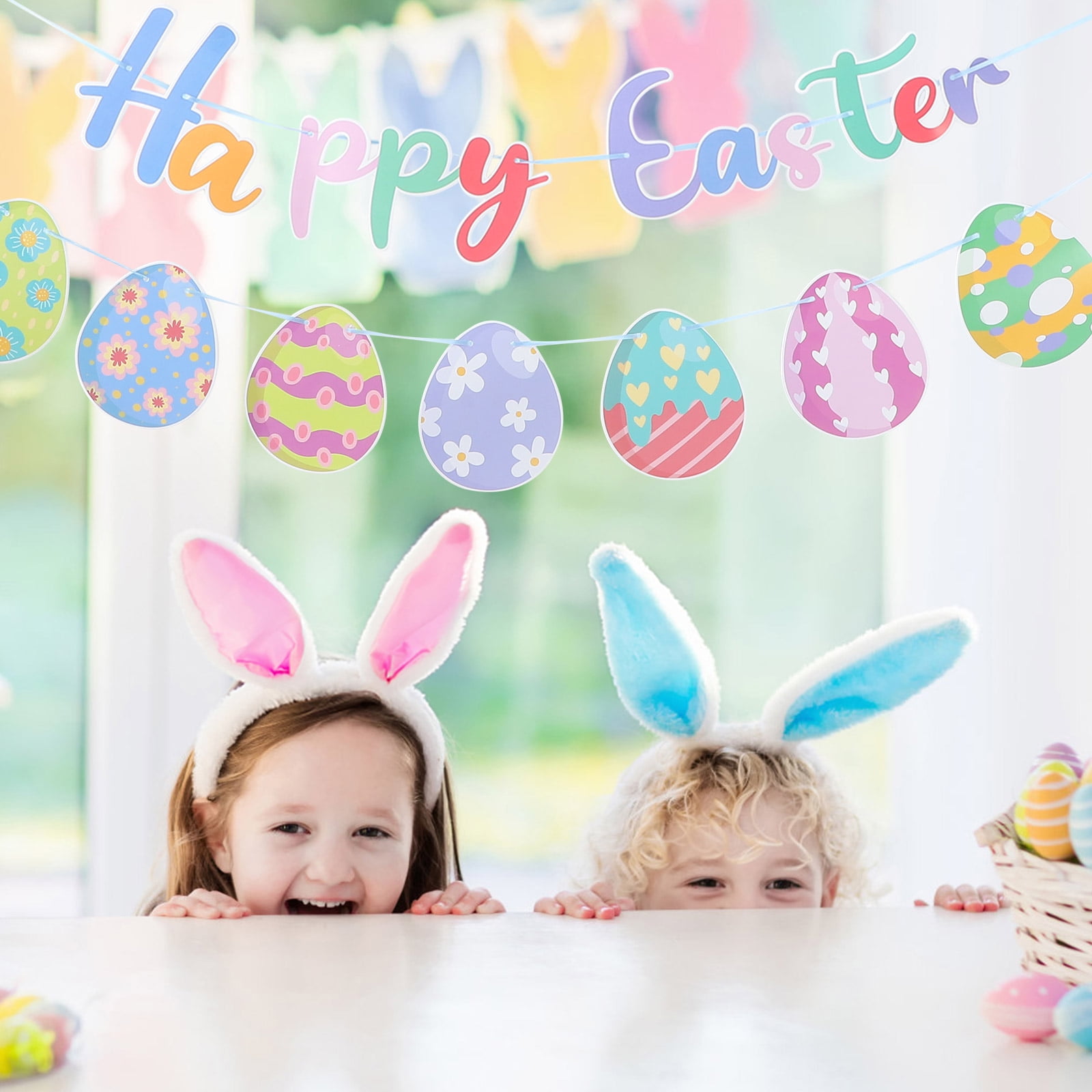 PAMINGONO Easter Banner Set with Assorted Color Hanging Bunting Flags for Indoor Outdoor Party Decorations