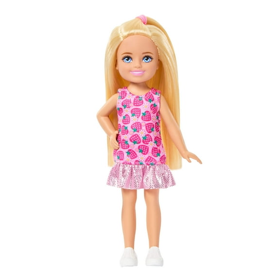 Barbie Club Chelsea Small Doll, 6-Inch with Blonde Hair in Strawberry-Print Dress & Shoes