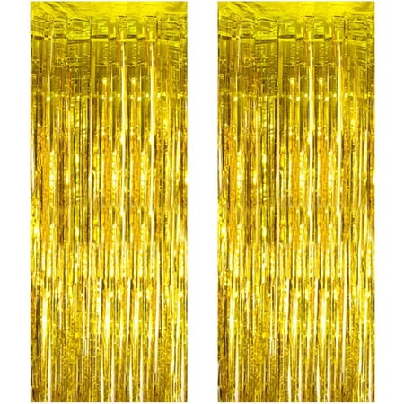 Image of UWANTME 2 Pack 3ft x 10ft Golden Metal Foil Tassel Curtains for Birthday Party Decoration Supplies