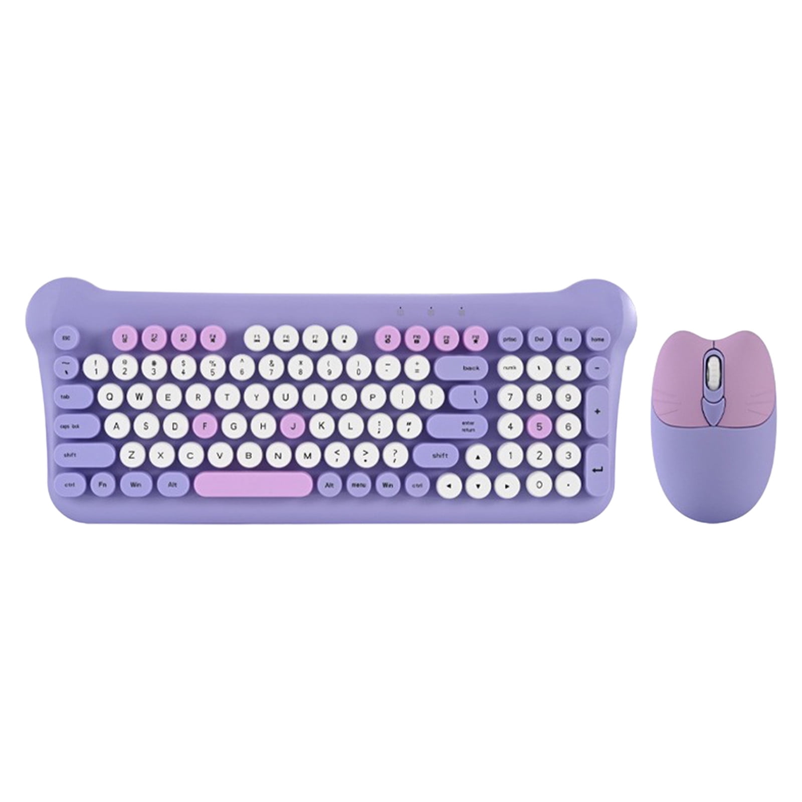 Retro Wireless Keyboard and Mouse Combo, Purple Round Keycaps, Silent Keys, 2.4G, Power Saving, for PC Laptop, Plug & Play, Batteries Included