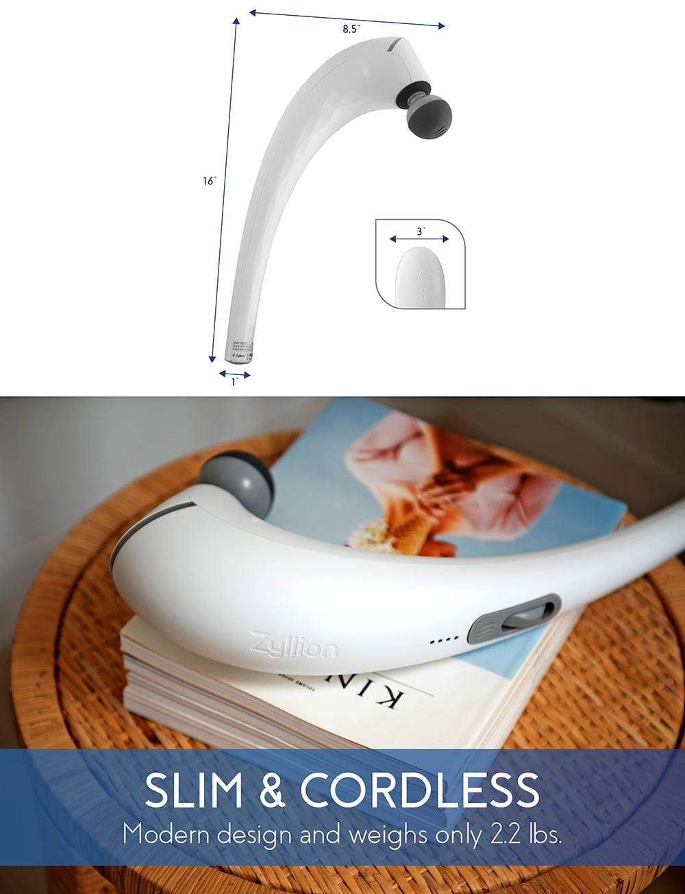 Zyllion Handheld Back and Neck Massager - Cordless Rechargeable Electric Vibrating Deep Tissue Massage with Heat for Athletes, Recovery and Muscle Pain Relief - White (ZMA-27-WT)