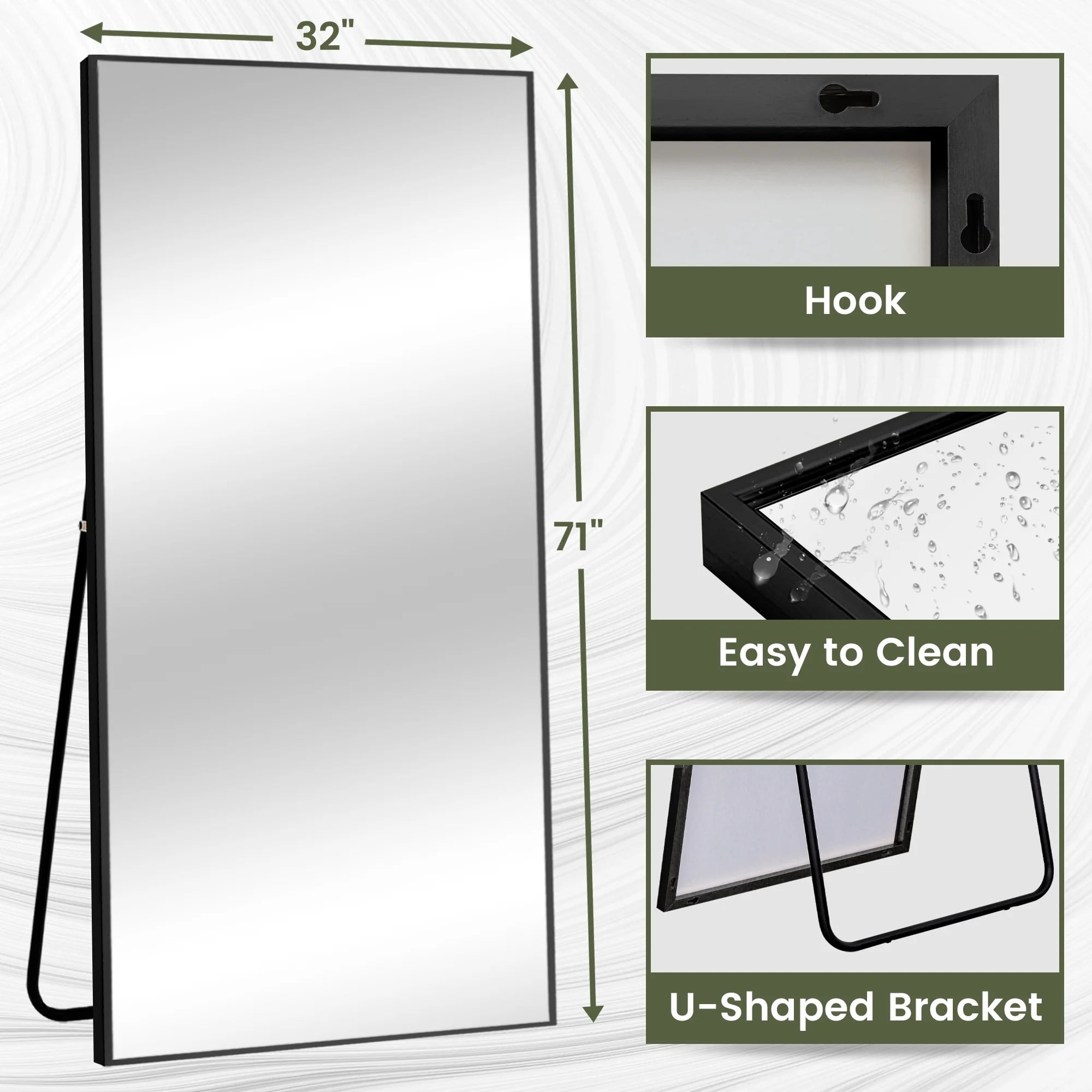 MAYEERTY 76"x35" Rectangle Full Length Mirror Oversized Floor Mirror with Bracket, Aluminium Alloy Framed, Black