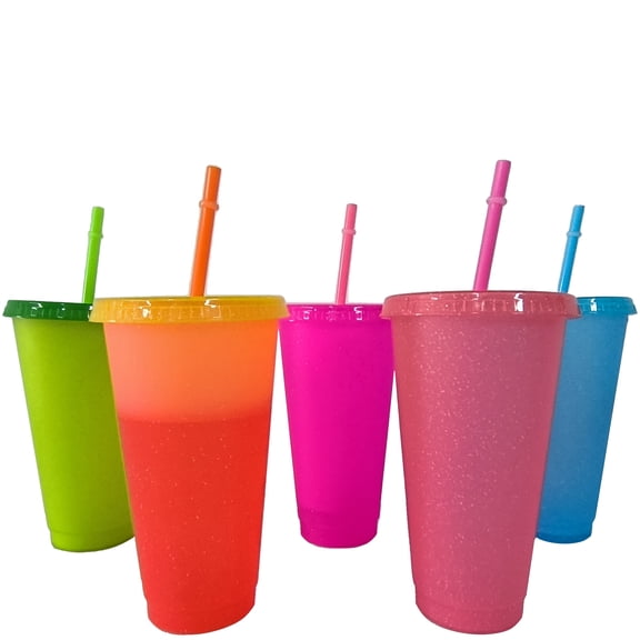 Yahome 5 Pcs Plastic Tumblers Color Changing Cups Bulk Tumblers with Lids and Straws Reusable Plastic Cups, Kids & Adult Friendly, 24oz Smoothie Travel Cup (Rainbow)