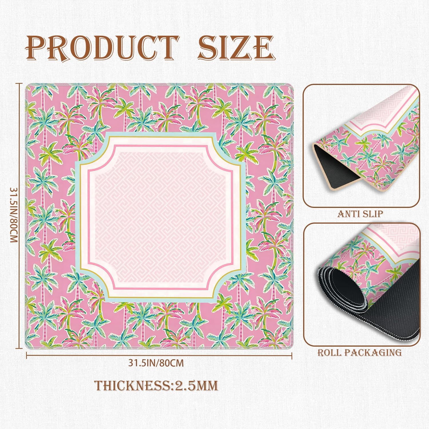 Pink and Green Tropical Mahjong Mat for Table 31.5x31.5 in, Summer Tropical Palm Tree Mahjong Table Mat Cover Anti Slip Noise Reduction for Mah Jong Card Board Tile Games
