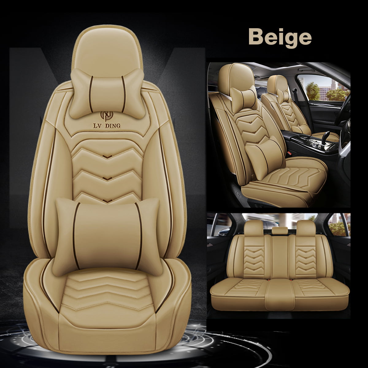 KWANSHOP Luxury PU Leather Car Seat Cover 5 Seats Cushions Car Headrest  Front & Rear Set Interior Auto Seat Cover Mat 