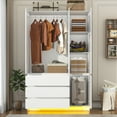 thumbnail image 4 of 75" Tall 3 Doors Armoire Wardrobe Closet with  3 Drawers and Mirror, Large Wardrobe Closet for Bedroom with LED Lights, Wooden Armoire Storage Cabinet with Hanging Rod, Adjustable shelves (White), 4 of 10